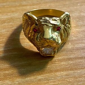 Mens Tiger Head Ring Ruby 1/2 vs diamond 14k Gold yellow